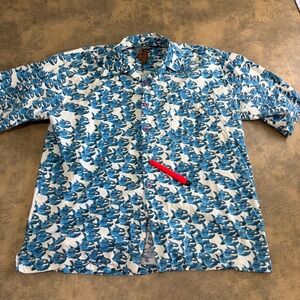 Pirana Joe Button Down Shirt Mens L White Blue Piranha Fish Print Cancun Cotton